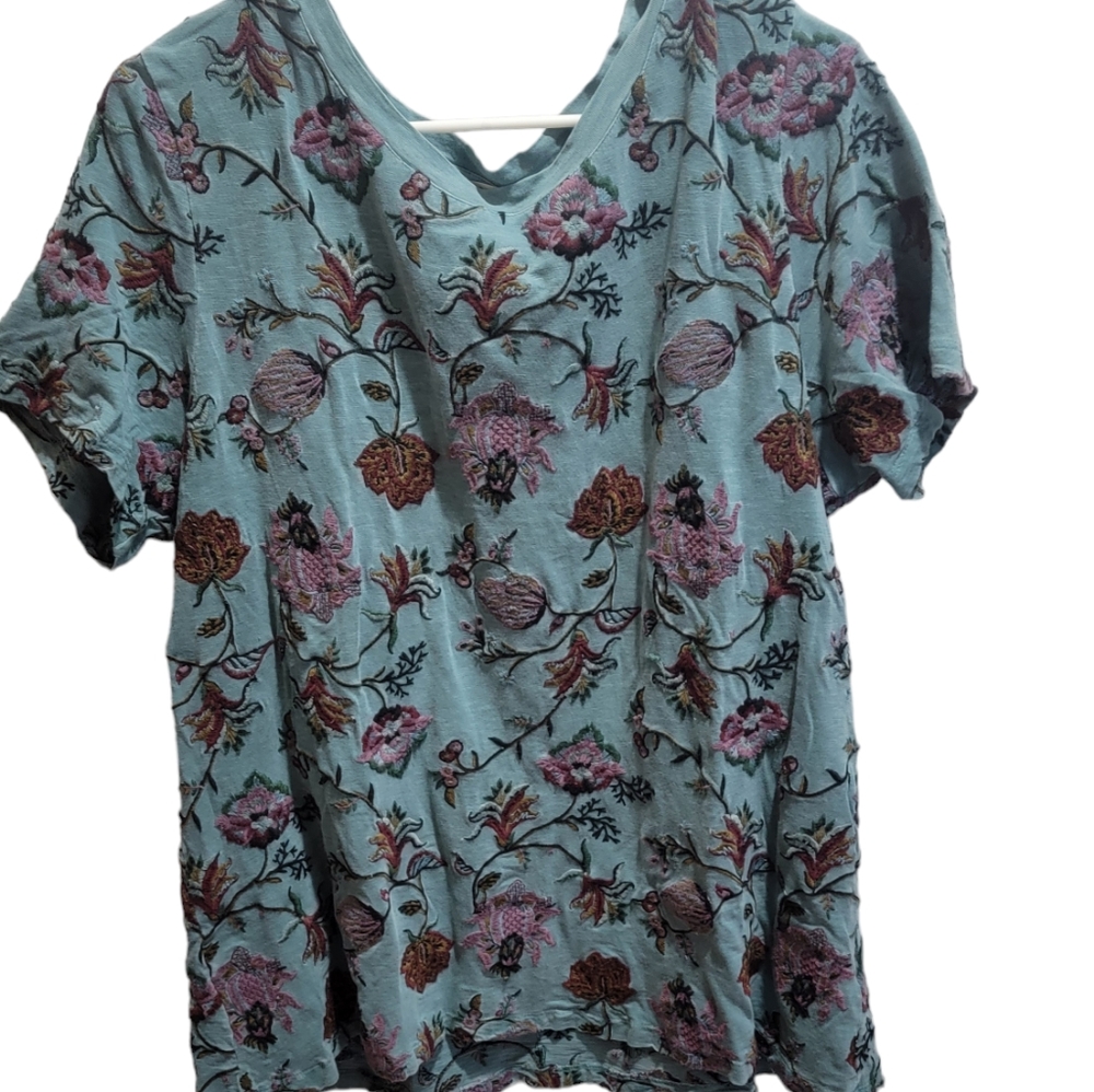 Soft Surroundings womens size xl blue floral embroided short sleeve shirt